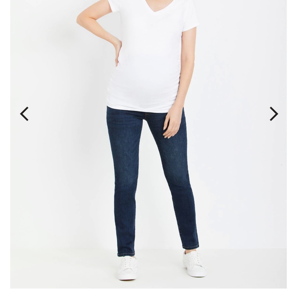 INDIGO BLUE, motherhood maternity brand. Dark wash straight leg secret fit jeans